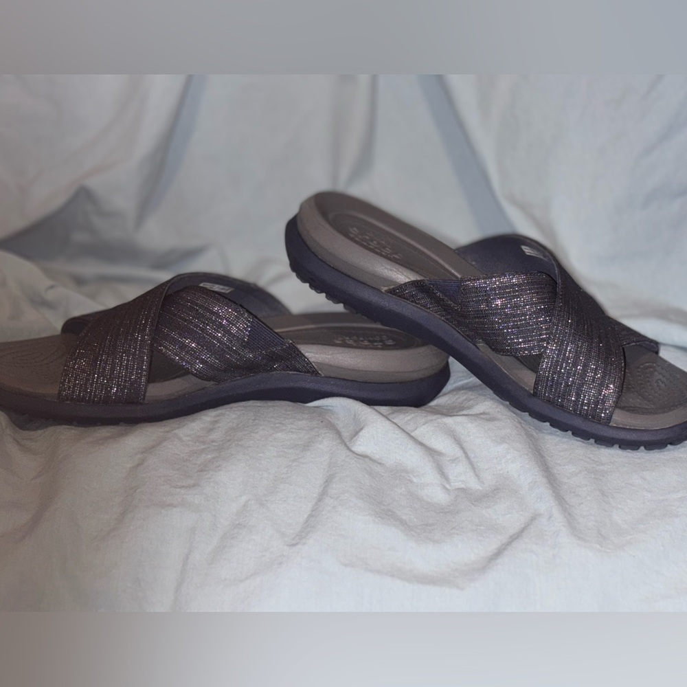 CROCS | Women's Navy Sparkle Crisscross Slide Sandals - Picture 3 of 7